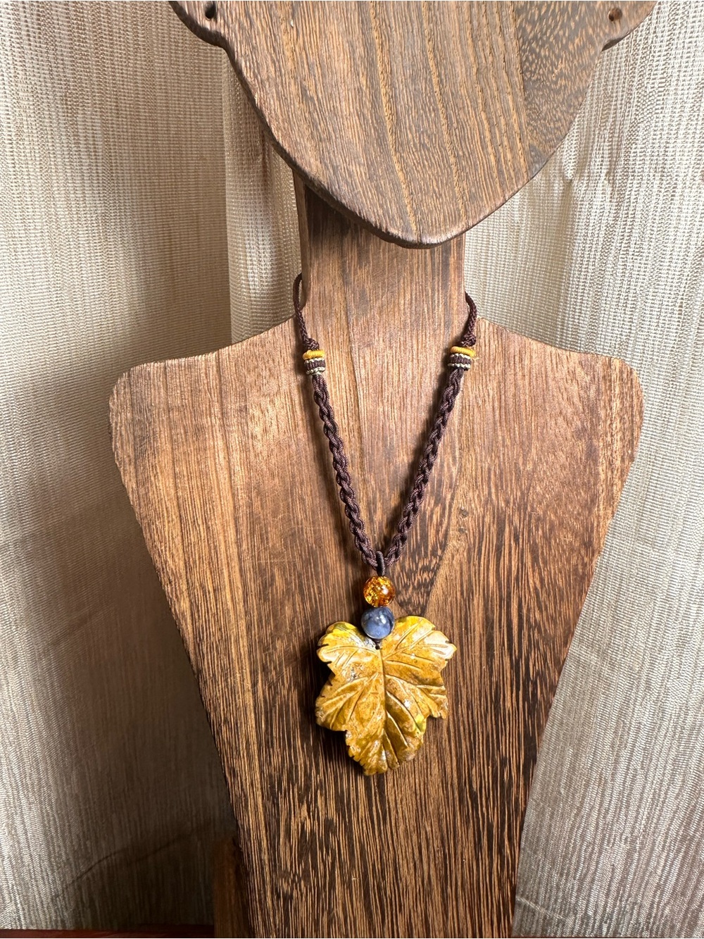 Yellow Ocean Jasper Leaf Carving Pendant Necklace on Brown Braided Rope - Picture 10 of 13